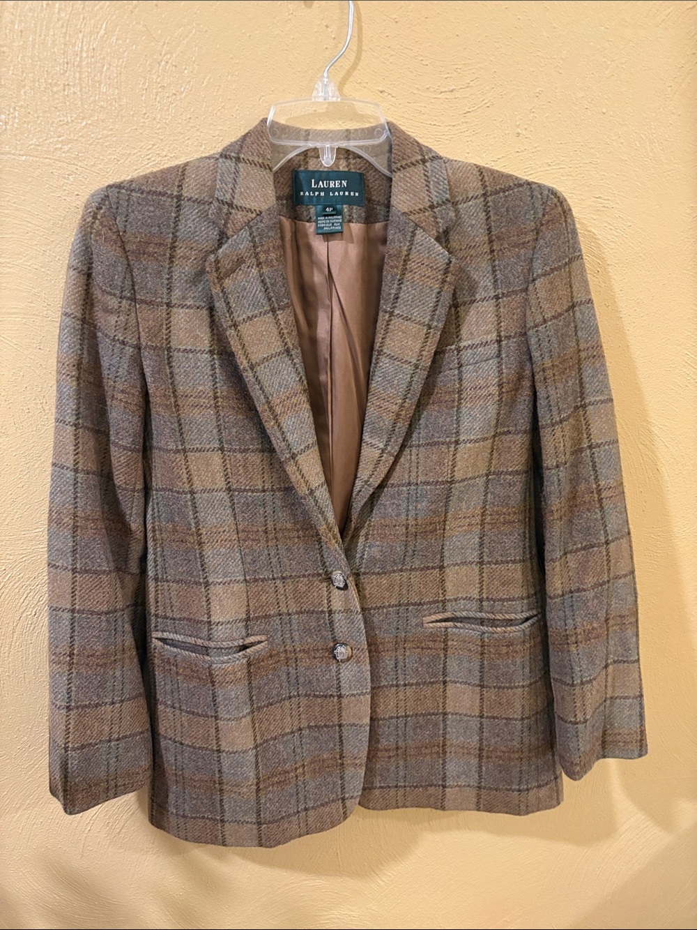 Lauren Ralph Lauren 100% New Wool Brown, Olive & Tan Plaid Wool Women’s Blazer
